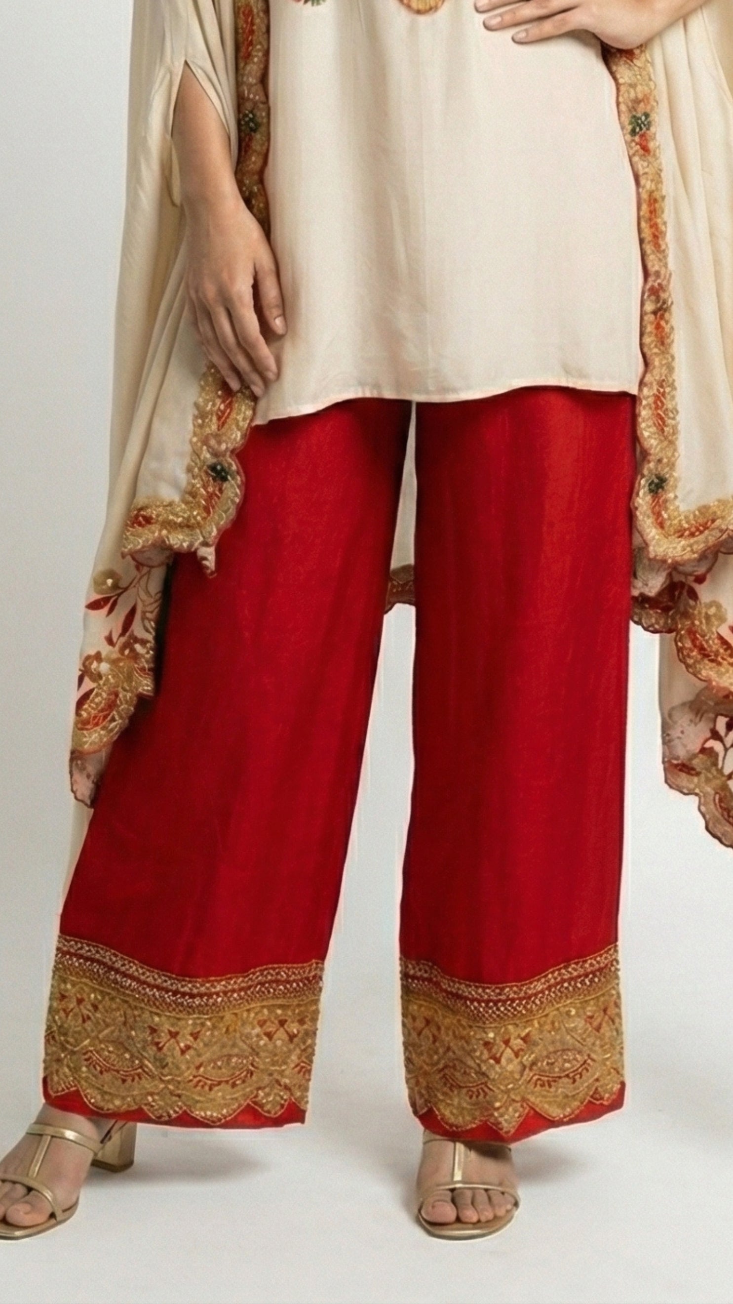 Beige & Red Digital Printed Crepe Coord Set with Cape Embellished with Pearl, Sequins & Sippi